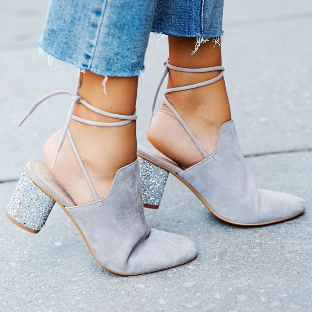 Free People Sparkler Wrap Mule Gray Suede Glitter Block Heel 36 5.5